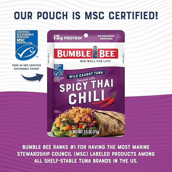 BUMBLE BEE SPICY THAI CHILI SEASONED TUNA POUCH – WILD CAUGHT AND READY TO EAT FOR SNACK, SALAD, KOREAN TUNA BOWL – 15G PROTEIN PER SERVING – PERFECT, PORTABLE, GOODNESS – 2.5 OZ PACKET (PACK OF 1)