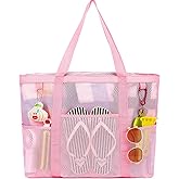 Fammart Mesh Beach Bag with Zipper, Large Beach Tote for Women, Toys Pool Swim Bag Travel Vacation Cruise Essentials