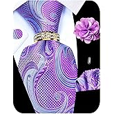 Kerfado 5PCS Tie and Pocket Square for Men, Silk Necktie and Handkerchief Cufflinks with Gold Ring and Lapel Pin Set