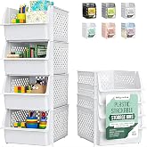 Skywin Stackable Storage Bins Open Front for Pantry Storage, 4 Pack - White | Sturdy Plastic, Easy Stacking, Open Front Access, Ventilated Sides, Vertical &amp; Space Saving Pantry Organizers and Storage Bin