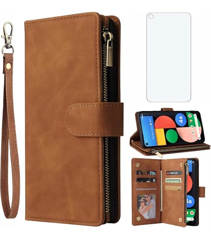 Asuwish – Custodia A Portafoglio In Pelle Per Google Pixel 4a – Con 6 Slot Per Carte, Scomparto Con Cerniera, E Pellicola In Vetro Inclusa – Supporto Per Videochiamate – Colore Marrone - 2