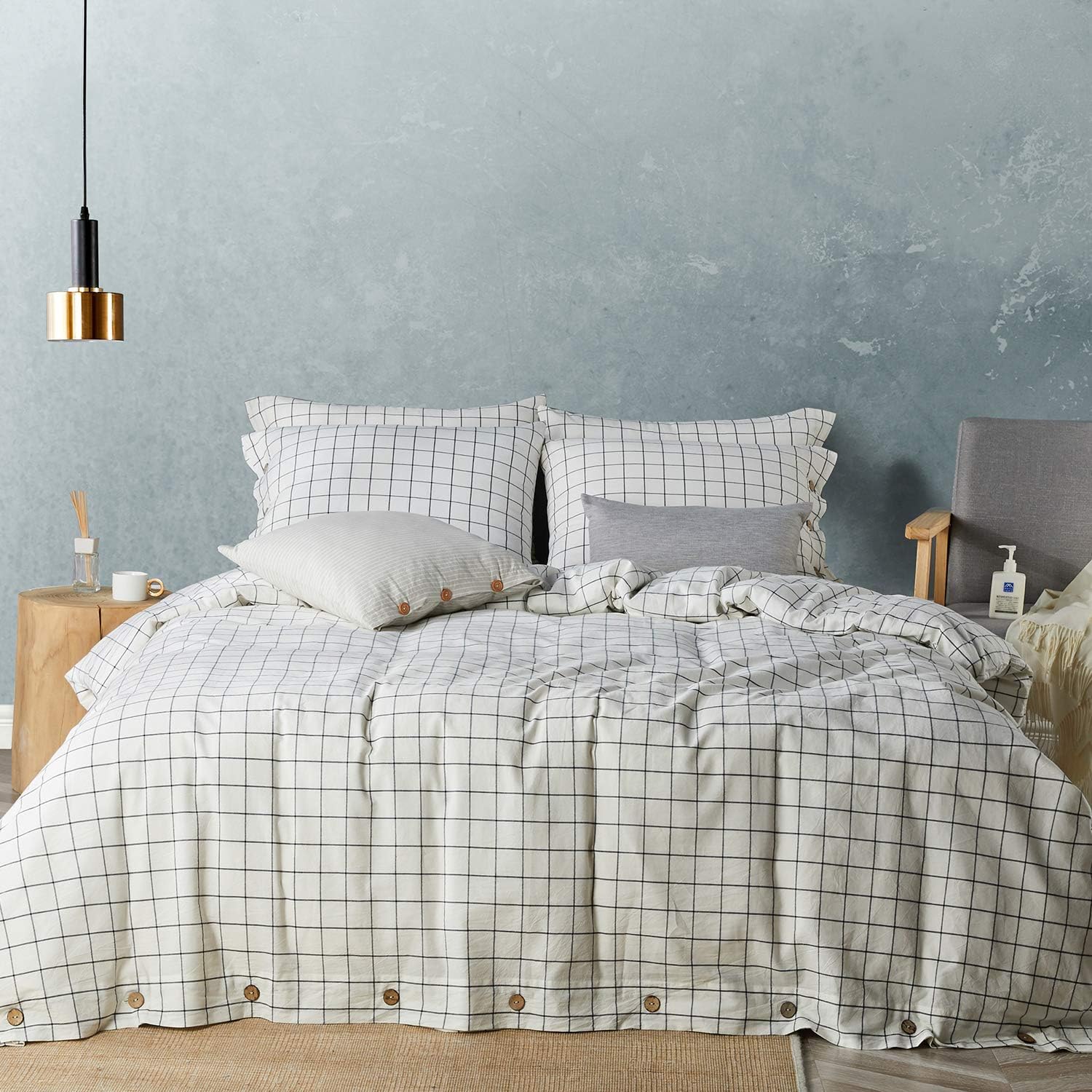 Photo 1 of JELLYMONI Cotton Duvet Cover King Size - White Grid Plaid Comforter Cover with Button 100% Washed Cotton 3PCS Breathable Soft Bedding Set Duvet Cover 104×90in & 2 Pillowcases (NO Comforter)