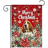 Christmas Basset Hound Garden Flag Merry Christmas Dog Yard Flag for Outside Xmas Flags 12x18 Double Sided Red Poinsettia Garden Flags Winter Porch Decorations Outdoor