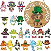 Juexica 41 Pcs Interchangeable Dog Welcome Door Sign Dachshund Decor Wooden Dachshund Door Hanger Seasonal Decor with 20 Magnet Hats and 20 Detachable Accessories for Holiday Front Door