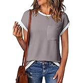 EVALESS Women's Short Sleeve T Shirts Crewneck Color Block Ribbed Knit Tee Blouses 2026 Trendy Summer Tops