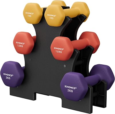 SONGMICS Set of 6 Dumbbells with Storage Stand 1kg 1.5kg 2kg Yellow Orange