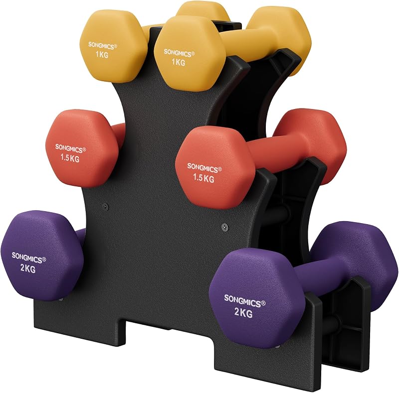 SONGMICS Set of 6 Dumbbells with Storage Stand 1kg 1.5kg 2kg Yellow Orange
