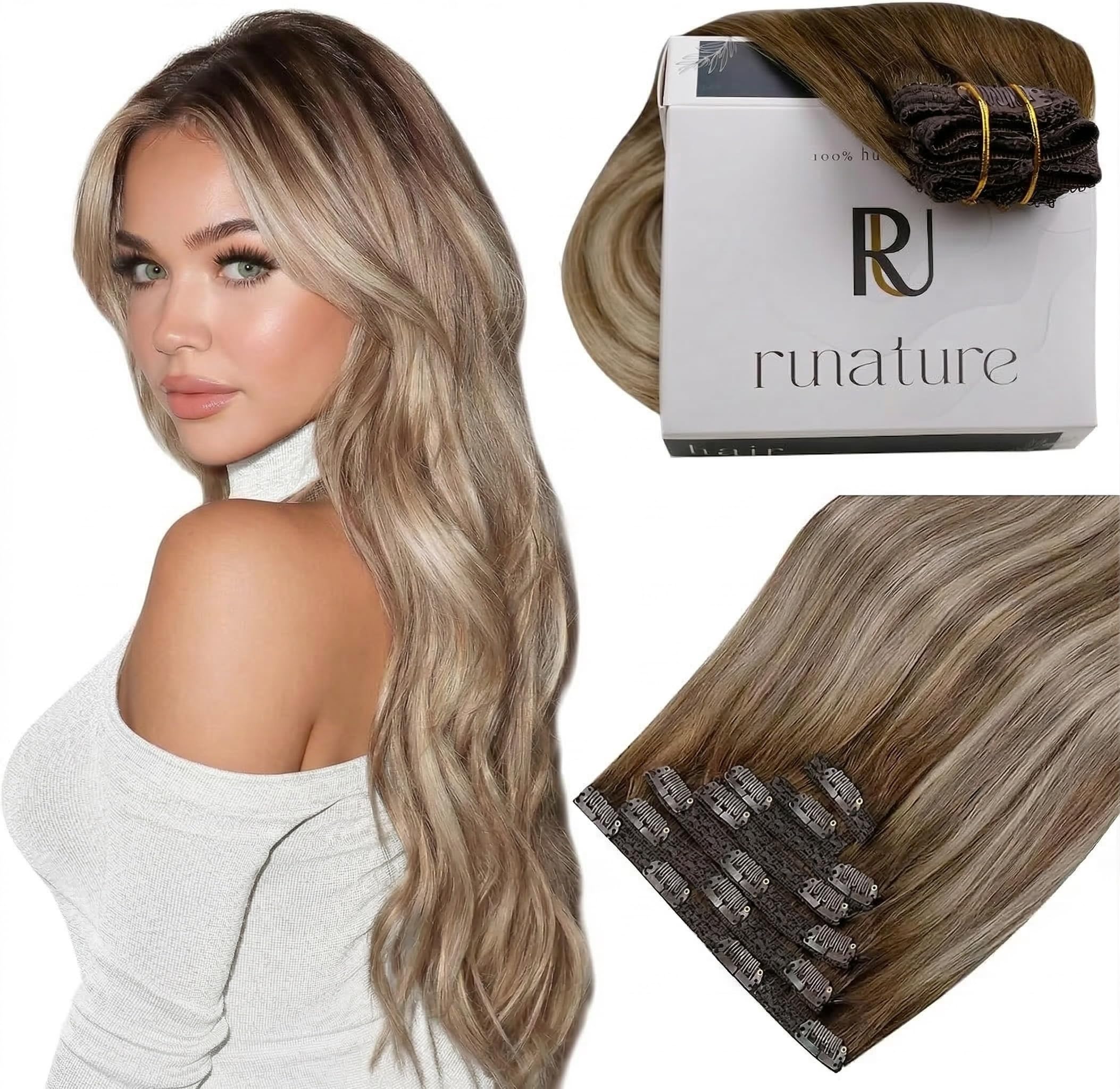 RUNATURE Clip in Hair Extensions Real Human Hair Blonde Ombre Brown Clip in Human Hair Extensions Balayage Blonde Human Hair Clip in Extensions 14 Inch 120 Gram 7PCS