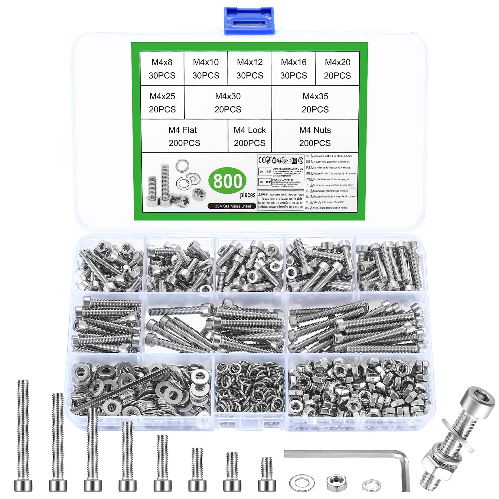 800 Pcs M4 Nuts and Bolts Set, Hex Socket Head Cap Screws Bolts and Nuts Set, Stainless Steel Machine Screws Bolts Set, Assorted Nuts and Bolts with Lock & Flat Washers Assortment for DIY Repair