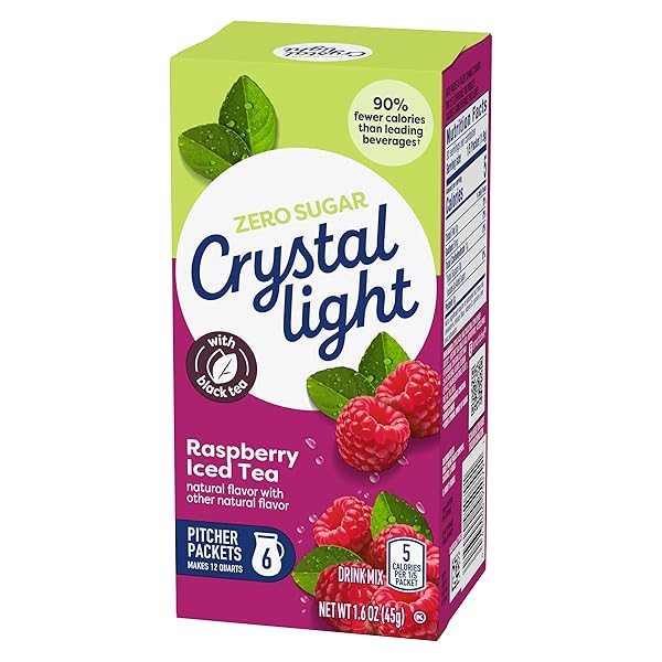 CRYSTAL LIGHT DRINK MIX, 6 PITCHER PACKETS, FOR FLAVORFUL HYDRATION AND SHAREABLE REFRESHMENT, RASPBERRY ICED TEA NATURAL FLAVOR WITH OTHER NATURAL FLAVOR, MADE WITH BLACK TEA, 1.6 OZ