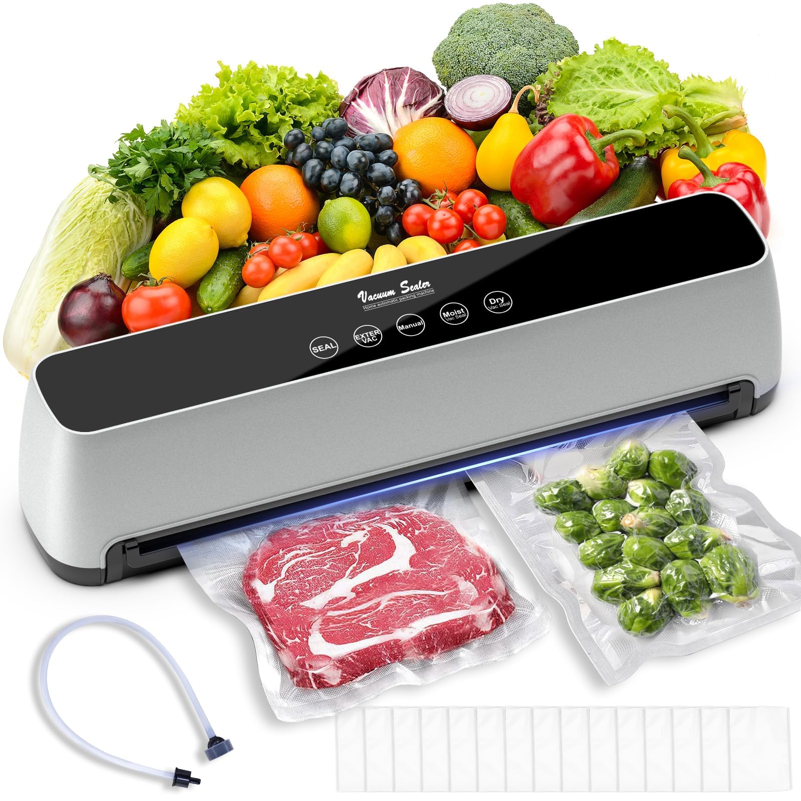 Photo 1 of Vacuum Sealer Machine, 5-IN-1 Vacuum Sealer for Food, Powerful Fully Automatic Food Saver with Dry/Moist Mode & LED Smart Touch, Updated Vac & Seal System with 15 Vacuum Seal Bags, 1 Hose