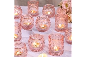 DARJEN Pink Votive Candle Holders Set of 24- Round Glass Candle Holders Bulk for Flameless LED Tea Waxes, Romantic Candle Holder for Wedding & Various Parties, Home Table Decor