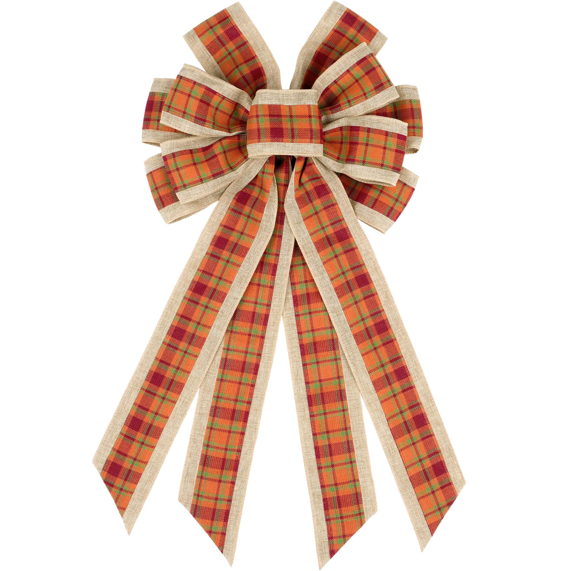 Kutyndrix Fall Bows for Wreaths, Large Orange Plaid Burlap Wreath Sash | Oversized 20-inch bow with long tails; wired edges s