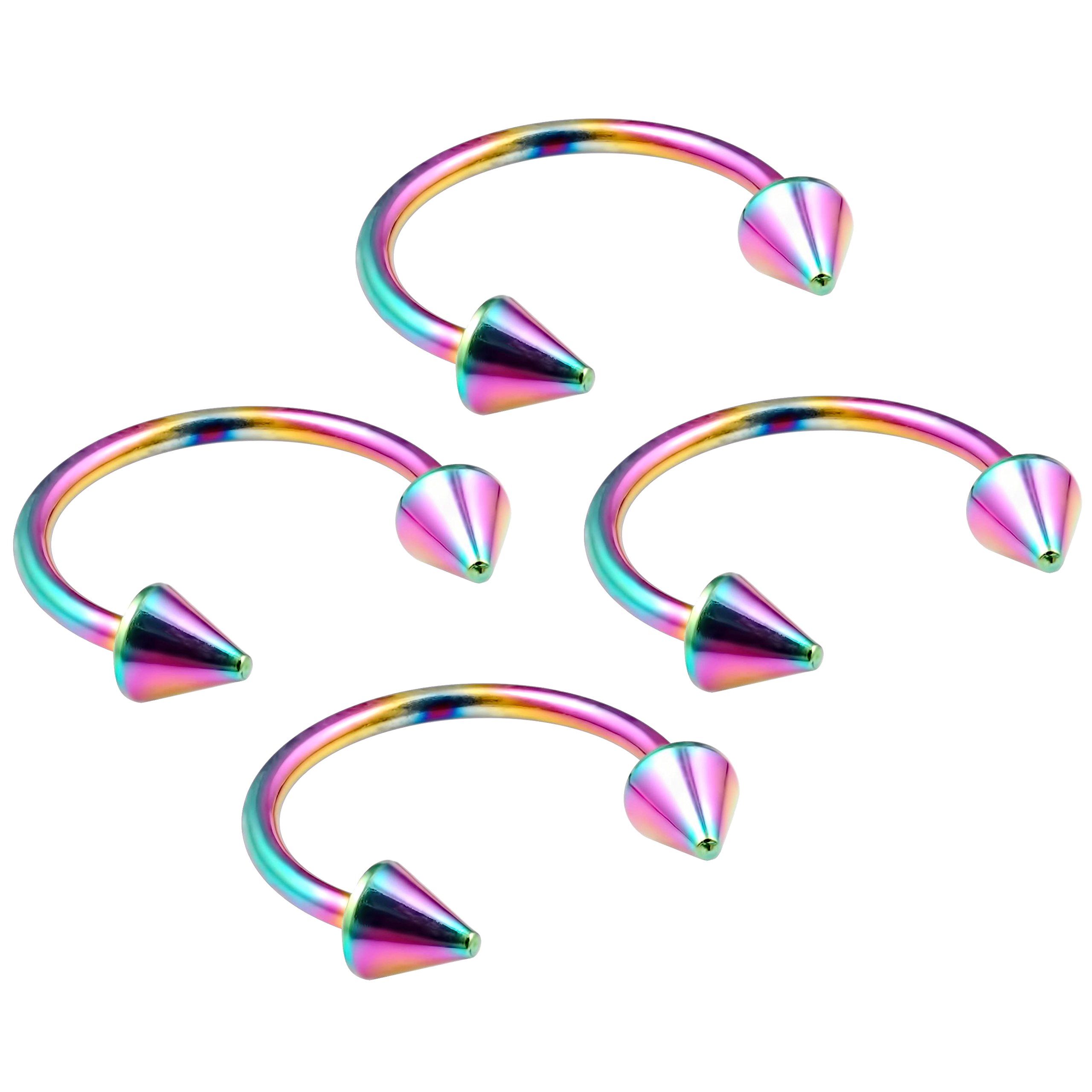 4pc 16g 1.2mm Rainbow Horseshoe Bar Circular Barbell Earring Tragus Piercing Stainless Steel Cone Set Lot 12mm