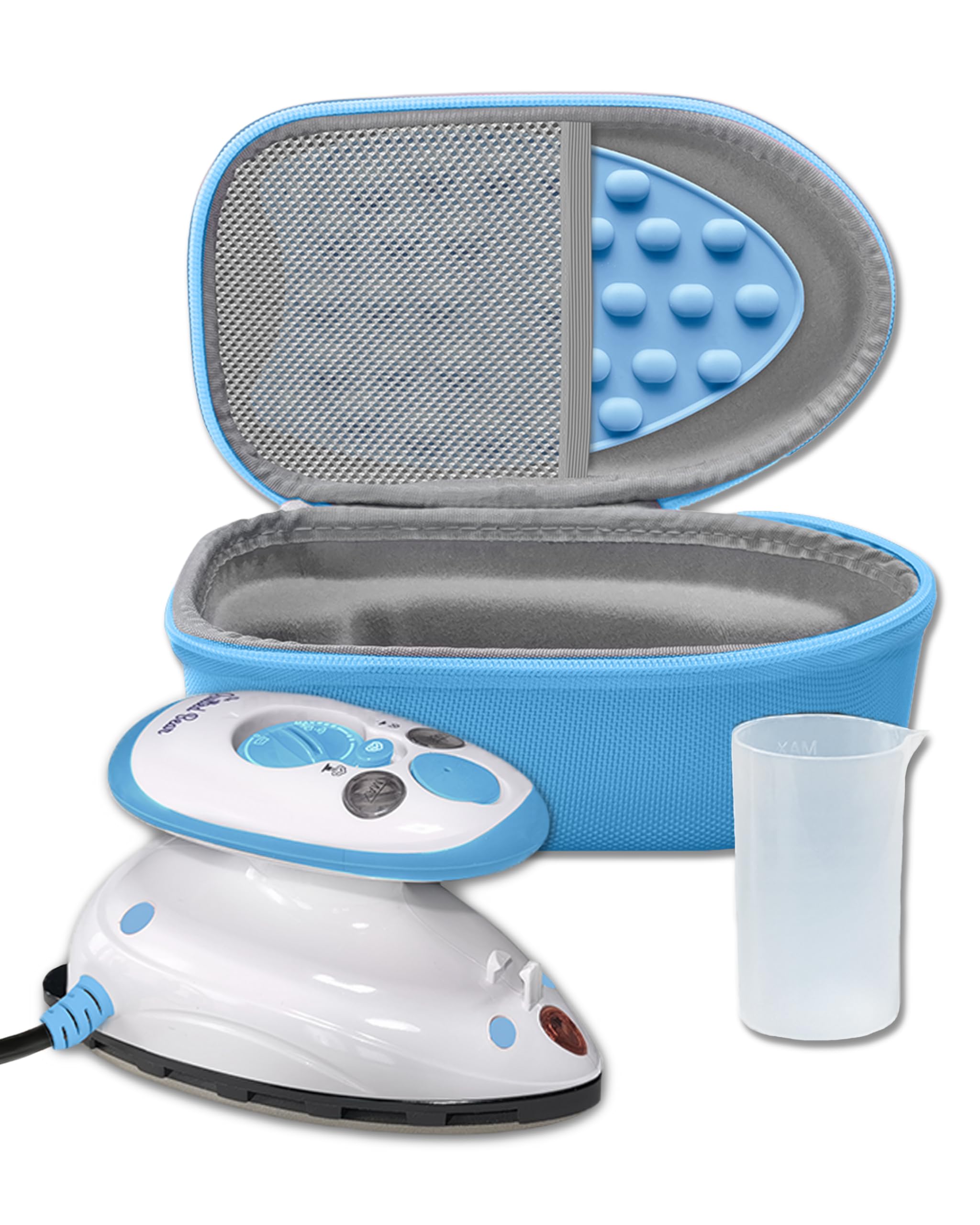 The Quilted Bear Premium Mini Steam Iron - Lightweight Mini Travel Iron for Effortless Quilting & Wrinkle-Free Clothes with Carry Case & Iron Rest Set - Travel Steamer for Clothes & Crafts (Blue)