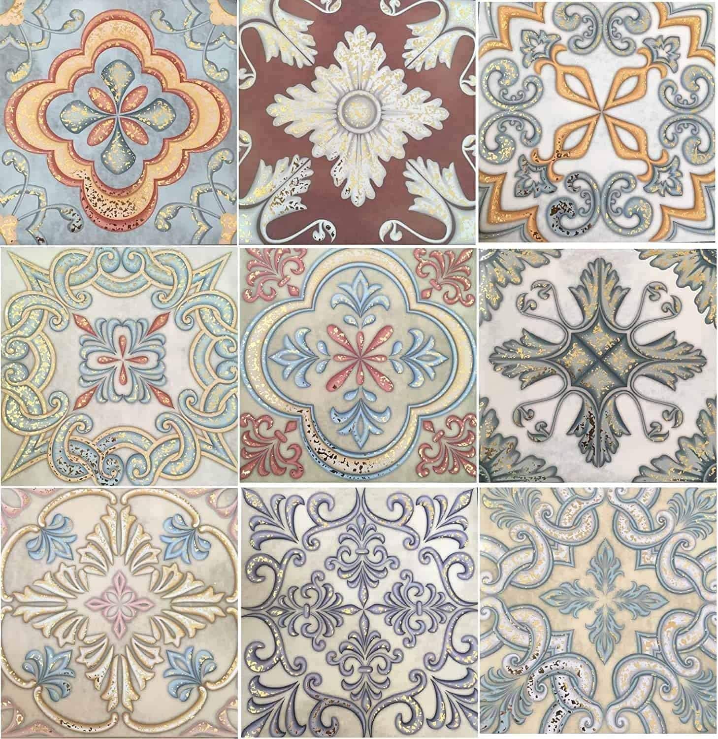 LPS Self-Adhesive Wall Tiles Stickers -18 PCS Moroccan Mosaic Style Wall Art Decor Traditional Vintage Design-Bathroom backsplash Kitchen splashbacks-Peel and Stick Transfer Covers (Mixed Gold) - Image 3