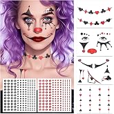 Halloween Clown Face Makeup Temporary Tattoos+Black Red Faces Gems | Halloween Costumes Decorations, Rave Party Favors, Festival Cosplay Outfits Accessories, Glitter Clown Face Paint Kit