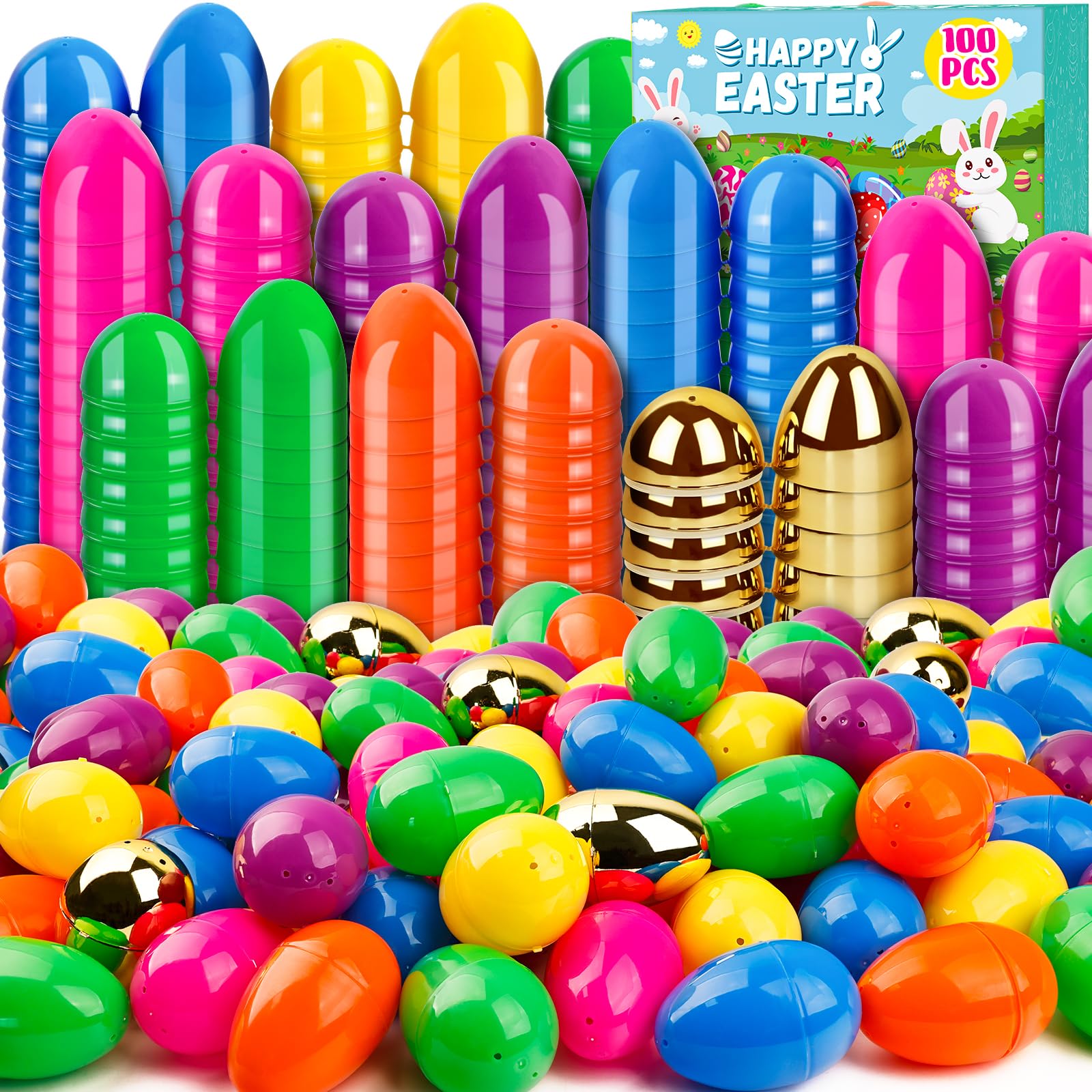 Photo 1 of 100 PCS 2.4 Inch Plastic Easter Eggs Bulk Include Surprise Golden Eggs, Colorful Fillable Empty Eggs for Easter Basket Stuffers Fillers Easter Hunt Filling Party Favors Classroom Prize Supplies