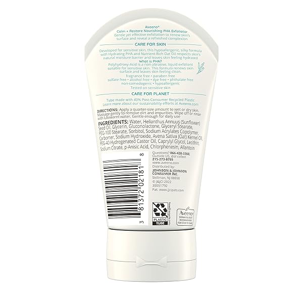 AVEENO CALM + RESTORE NOURISHING PHA FACIAL EXFOLIATOR DAILY FOR SENSITIVE SKIN, FRAGRANCE-FREE & NON-ABRASIVE OAT FORMULA TO GENTLY EXFOLIATE & CLEANSE SKIN, HYPOALLERGENIC, 4 FL. OZ