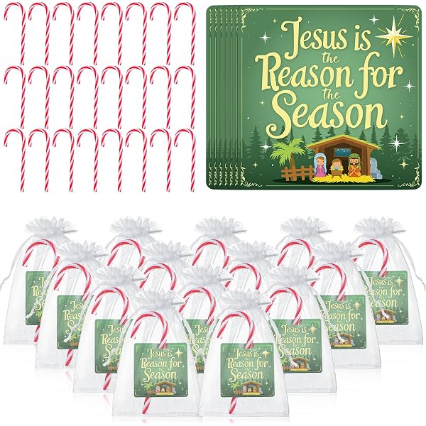 24-Pack Religious Christmas Candy Cane Set - Plastic Peppermint Canes With Jesus Card & Organza Bag, For Church Events - View #10