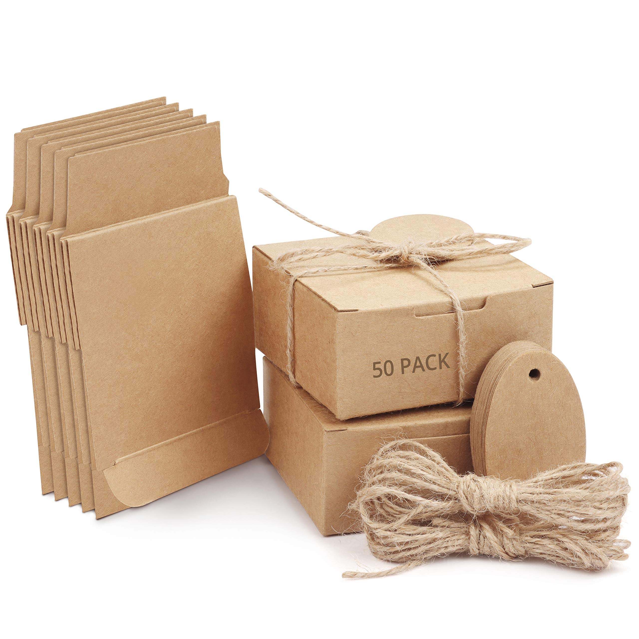 Belle Vous Small Gift Boxes with Lids (50 Pack) - Brown Kraft Boxes for Gifts with Rope & Tags - Wedding Favour Boxes/Gift Boxes Bulk Set - 7.5 x 7.5 x 3.5cm/2.95 x 2.95 x 1.37 Inches