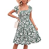 Kormei Women Smocked Square Neck Short Sleeve Boho Flowy Knee Length Sundresss Casual Summer Beach Short Dress