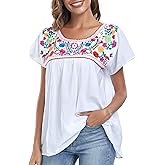 YZXDORWJ Embroidered Mexican Top for Women Peasant Blouse Mexico Summer Shirt Short Sleeve
