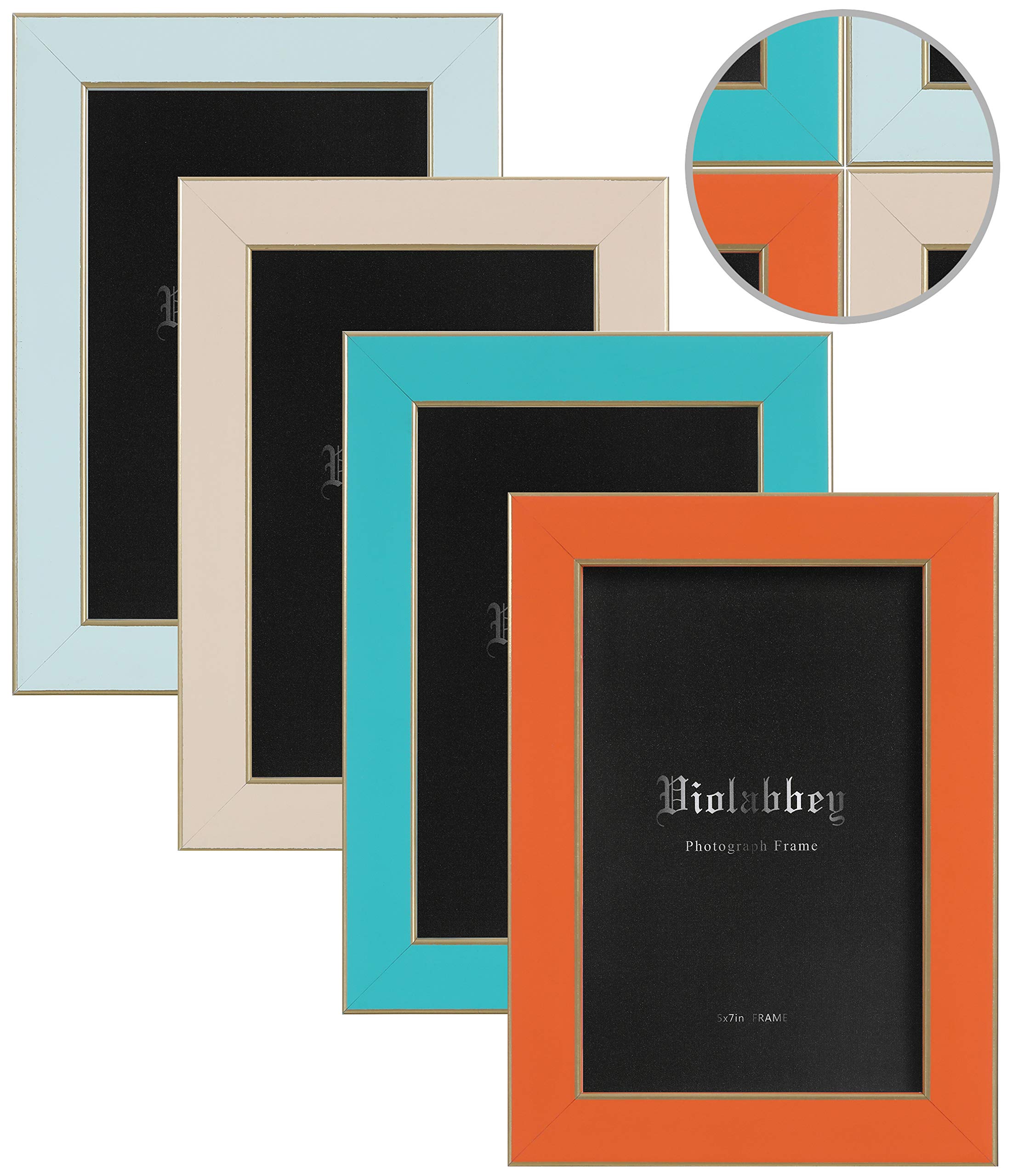 VIOLABBEY 7×5 Photo Frame Set of 4, Colorful Picture Frame Mutipack, High Definition Tempered Real Glass, Wall Mounting and Tabletop Display (Blue+Light Blue+Orange+Apricot, 18x13cm)