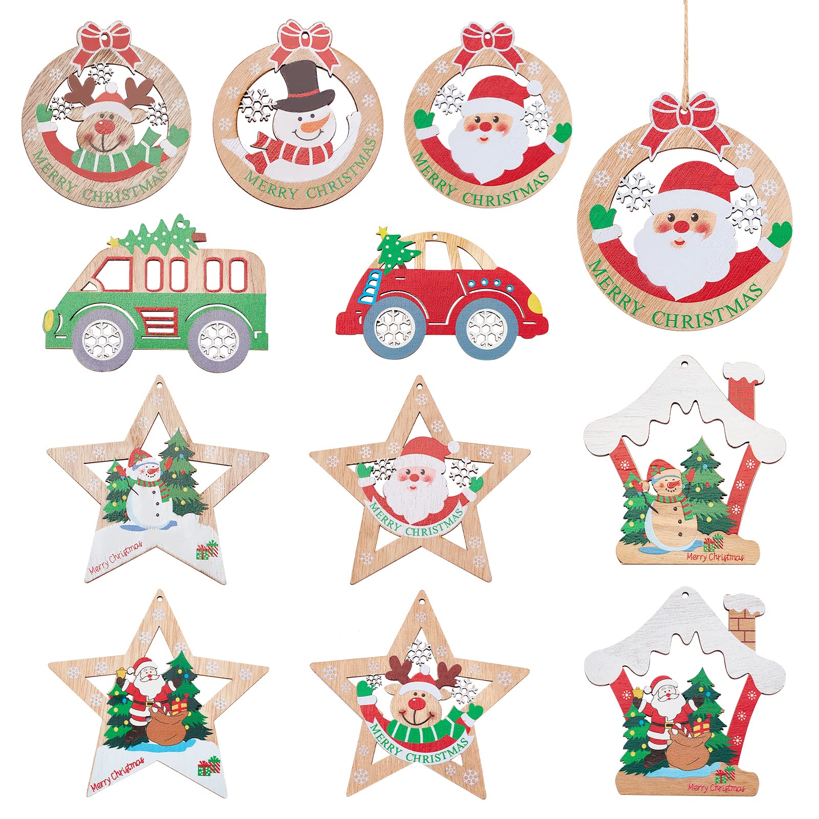 CHGCRAFT 22Pcs 11 Style Christmas Tree Wood Ornaments Wooden Hanging Crafts Santa Claus Snowman Reindeer Car Ornaments for Christmas Tree Holiday Home Decorations, Length 68-108mm