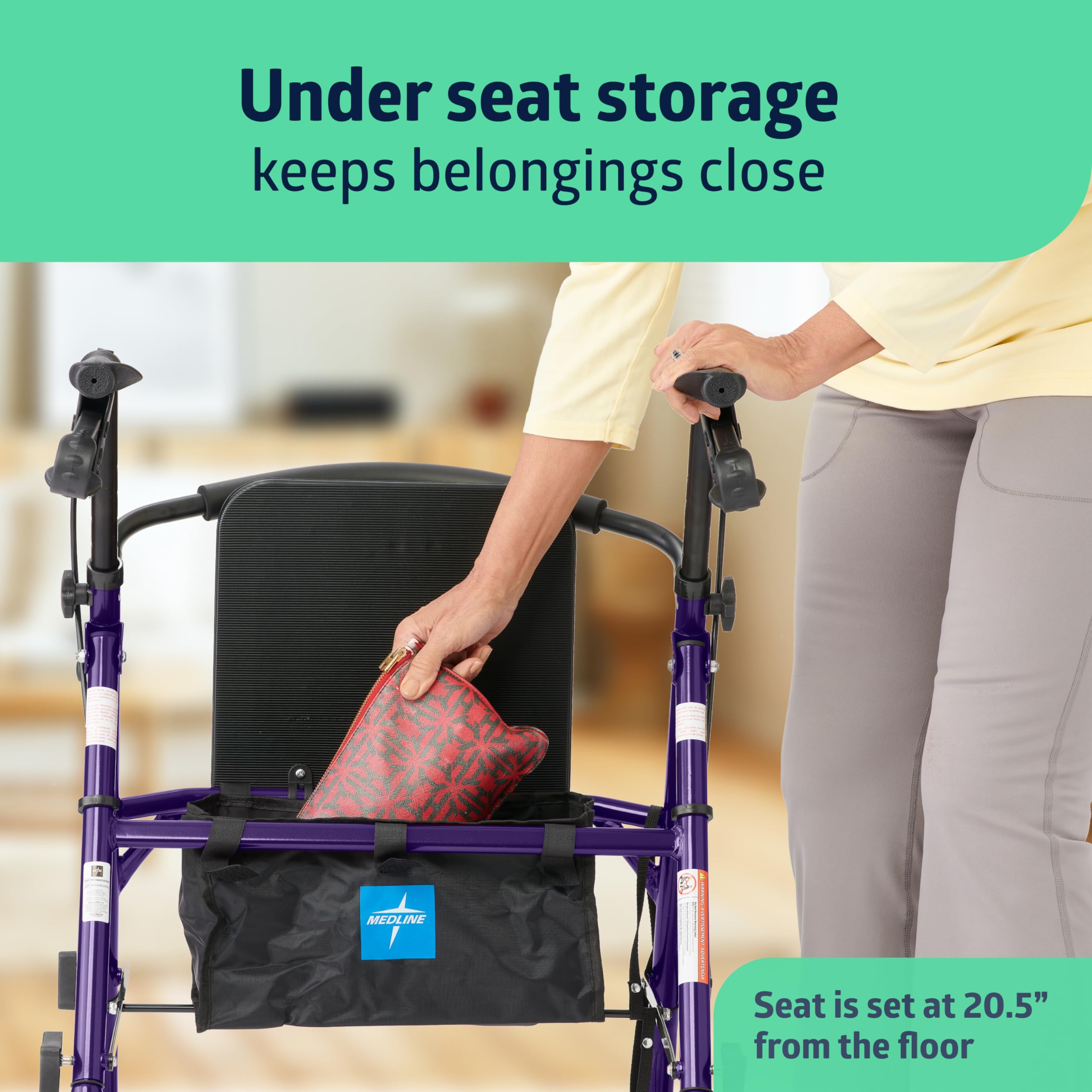 Medline Aluminum Rollator Walker with Seat, Purple, 250 lb. Weight Capacity, Lightweight, 6” Wheels, Foldable, Adjustable Handles, Rolling Walker for Seniors