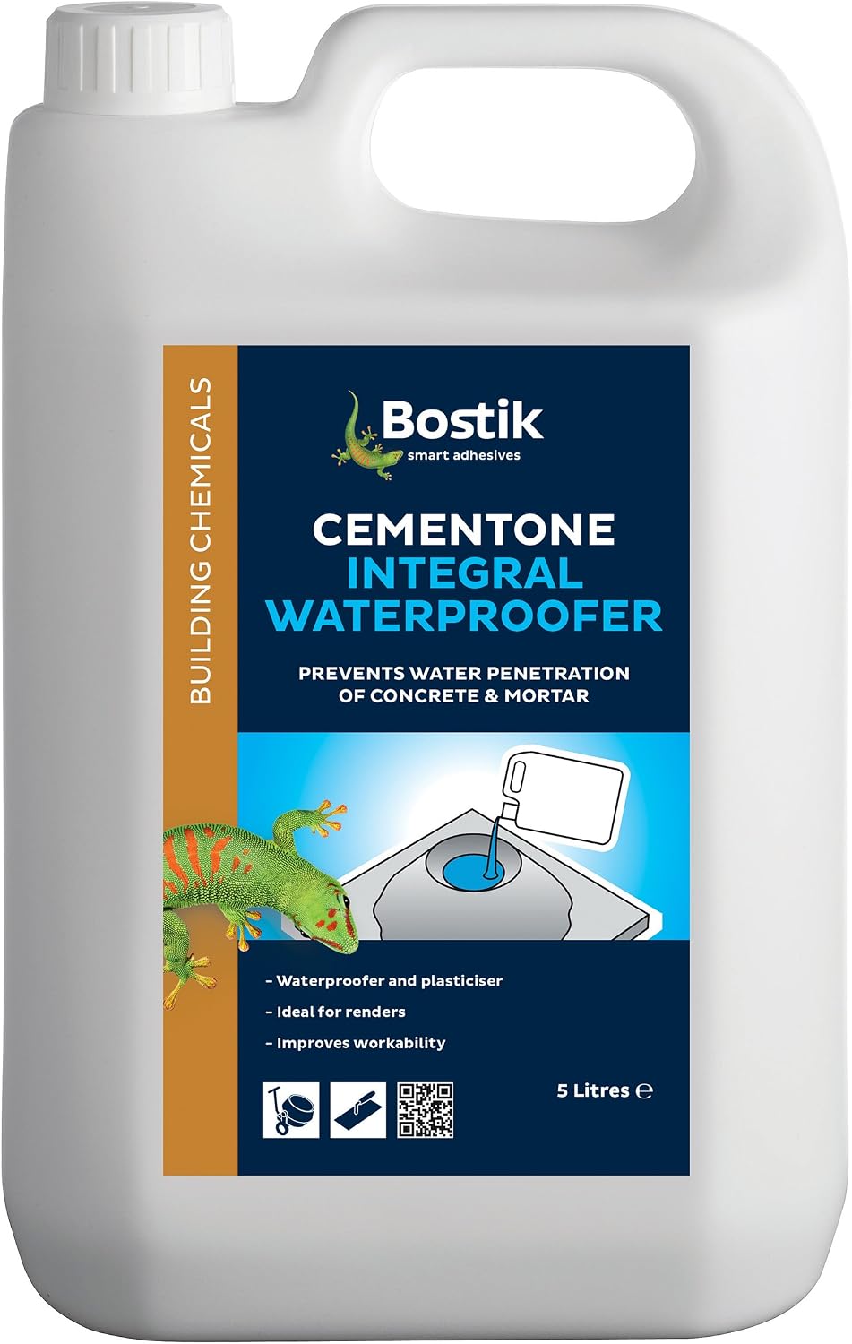 Bostik Cementone Integral Waterproofer 5L - Waterproofer & Plasticiser For Mortar - Ideal For Renders, Blue