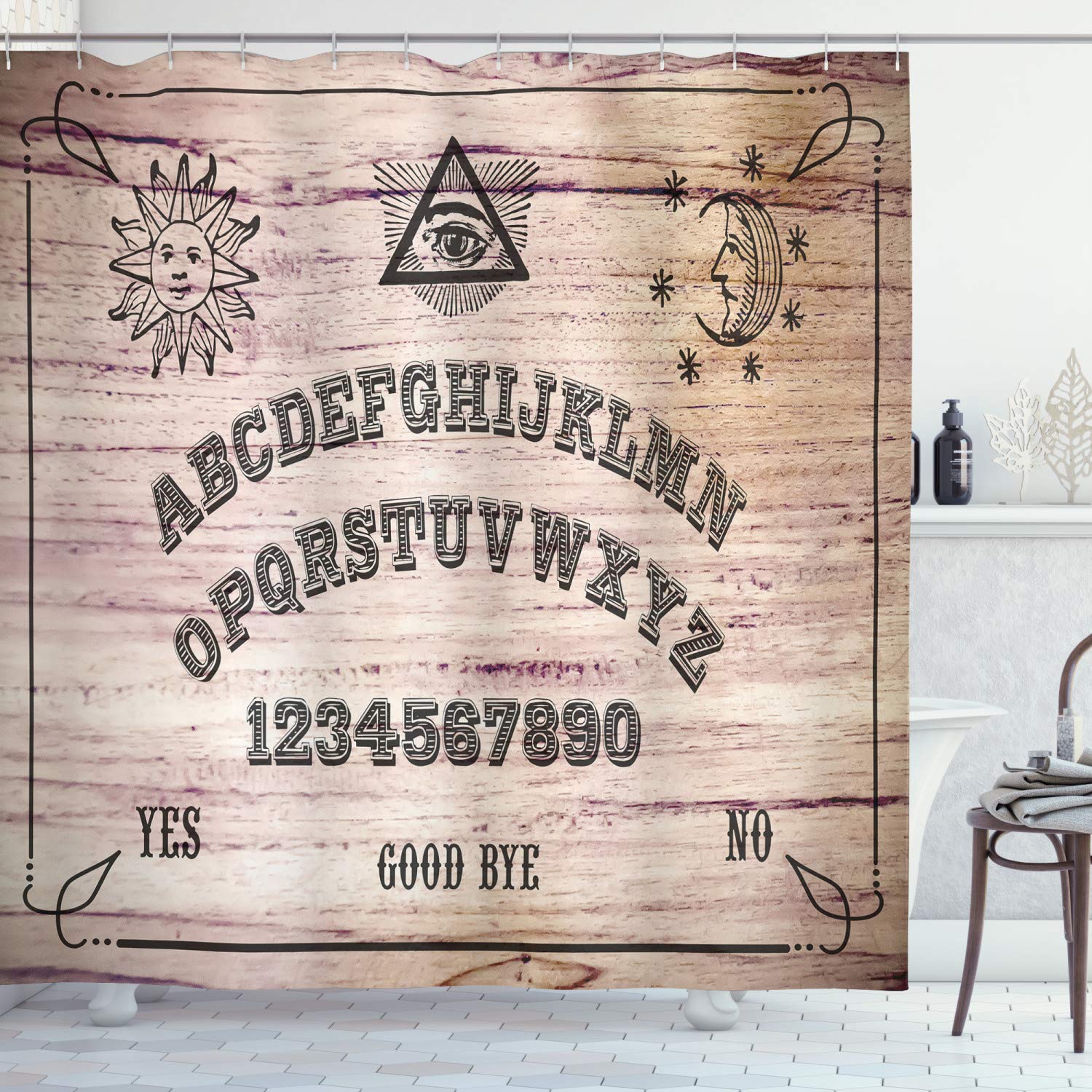 ABAKUHAUS Ouija Board Shower Curtain, Wooden Texture Talking Spirit Board with Alphabet Letters, Cloth Fabric Bathroom Decor Set with Hooks, 175 x 200 cm, Taupe Beige