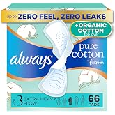 Always Pure Cotton, Organic Cotton top Layer Pads for Women with Wings, Feminine Care, Period, Menstrual, Sanitary, Postpartum, toallas sanitarias para Mujer, Size 3 Extra Heavy, Unscented, 66ct