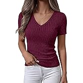 ANRABESS Womens Tops Short Sleeve V Neck Shirts Slim Fit Ribbed Knit Shirt 2026 Summer Dressy Casual Lightweight Sweaters