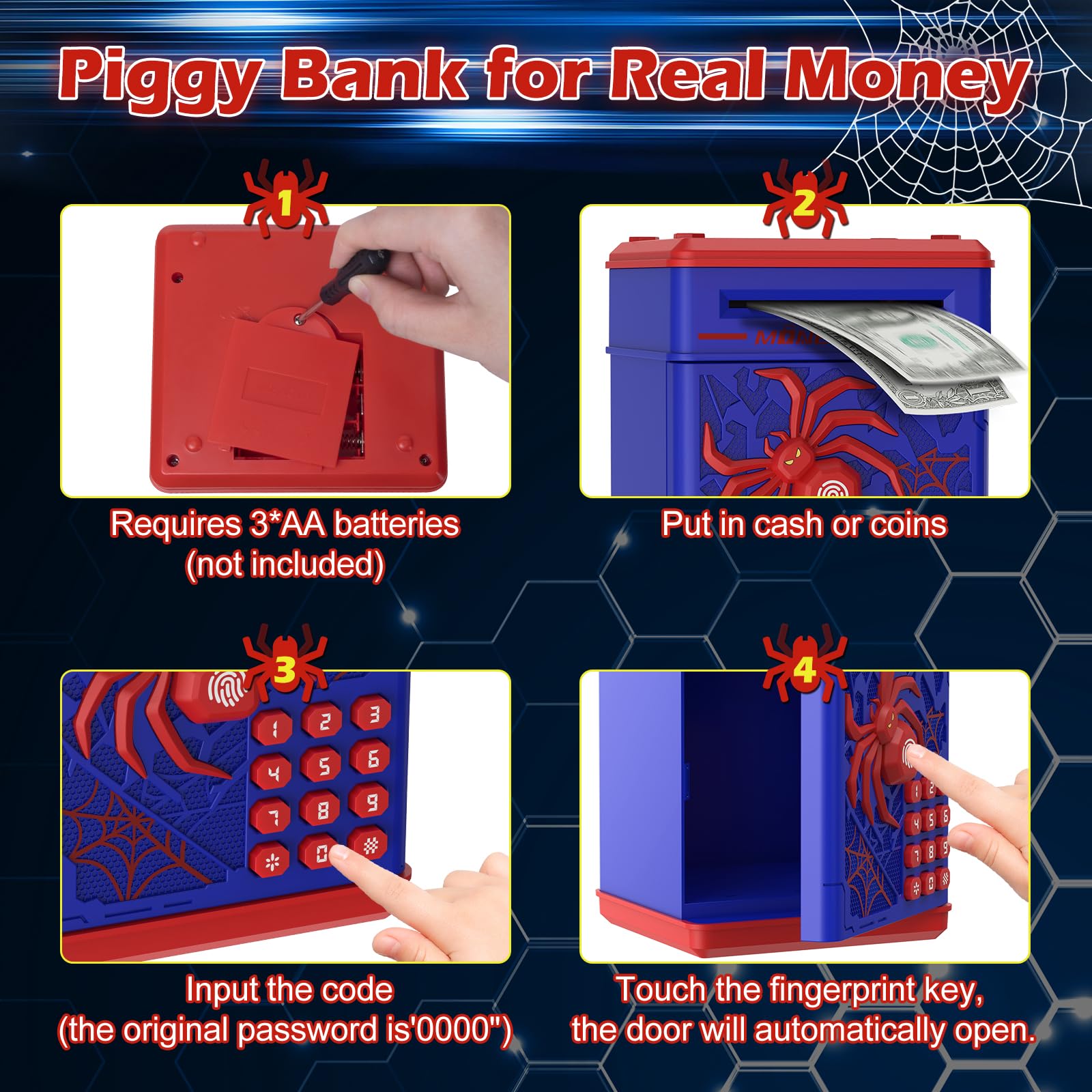 Spider Fingerprint Piggy Bank, ATM Piggy Bank for Kids Boys Girls, Kids Money Saving Box Money Safe (Blue)