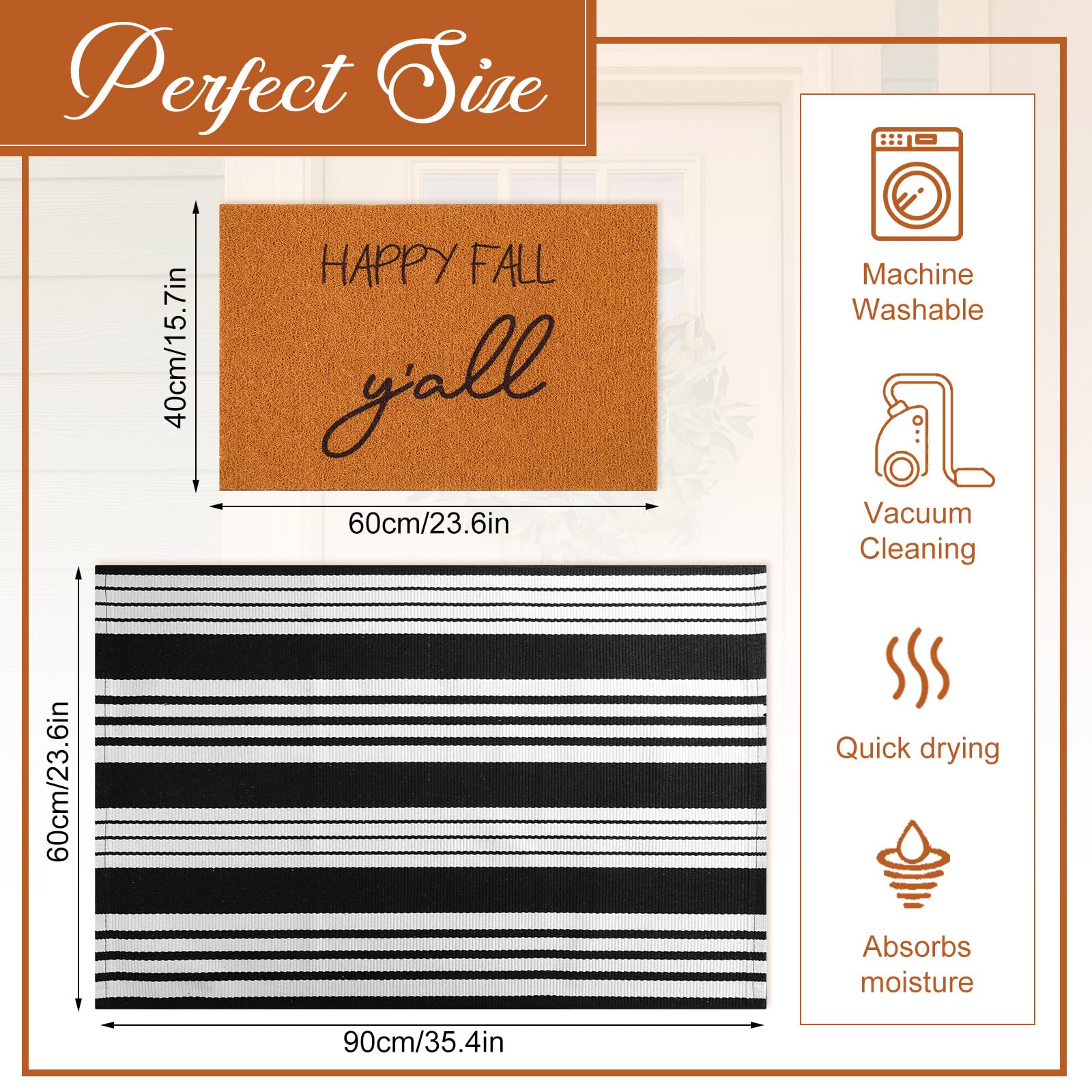 Tinideya 2 Pcs Fall Front Door Welcome Doormat Set Includes 24 x 35 Black and White Striped Mat 16 x 24 Welcome Mat Coir Door Mat Autumn Doormat Washable for Outdoor Indoor Entrance(Happy Fall) - Image 2