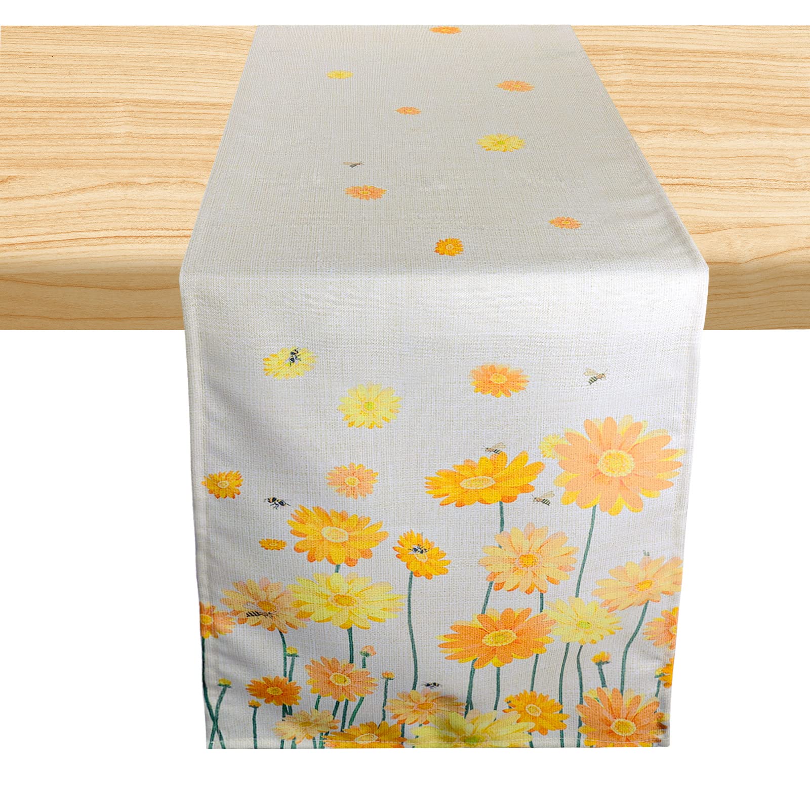 AIEX Yellow Floral Table Runners, Summer Bee Table Runner Polyester Table Runner Flower Table Cloth for Party Indoor Outdoor Home Festival Decor (13x72inches )