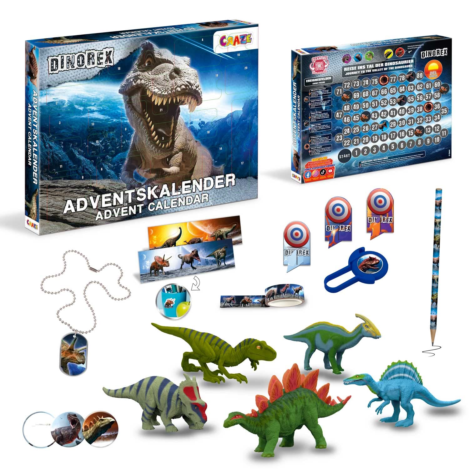 CRAZE DINOREX Advent Calendar – Dinosaur Toy Set with 24 Surprises Including 5 Dino Figures, Puzzle, Accessories & Stationery
