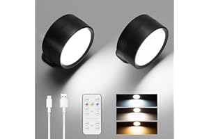YOCHOICE LED Wall Mounted Sconces Lights 2 Pcs with Remote, 3000mAh Rechargeable Battery Operated Wall Lamp, Black 3 Color Temperatures & Dimmable Magnetic 360° Rotation Cordless Wall Light for Bedroom Bedside