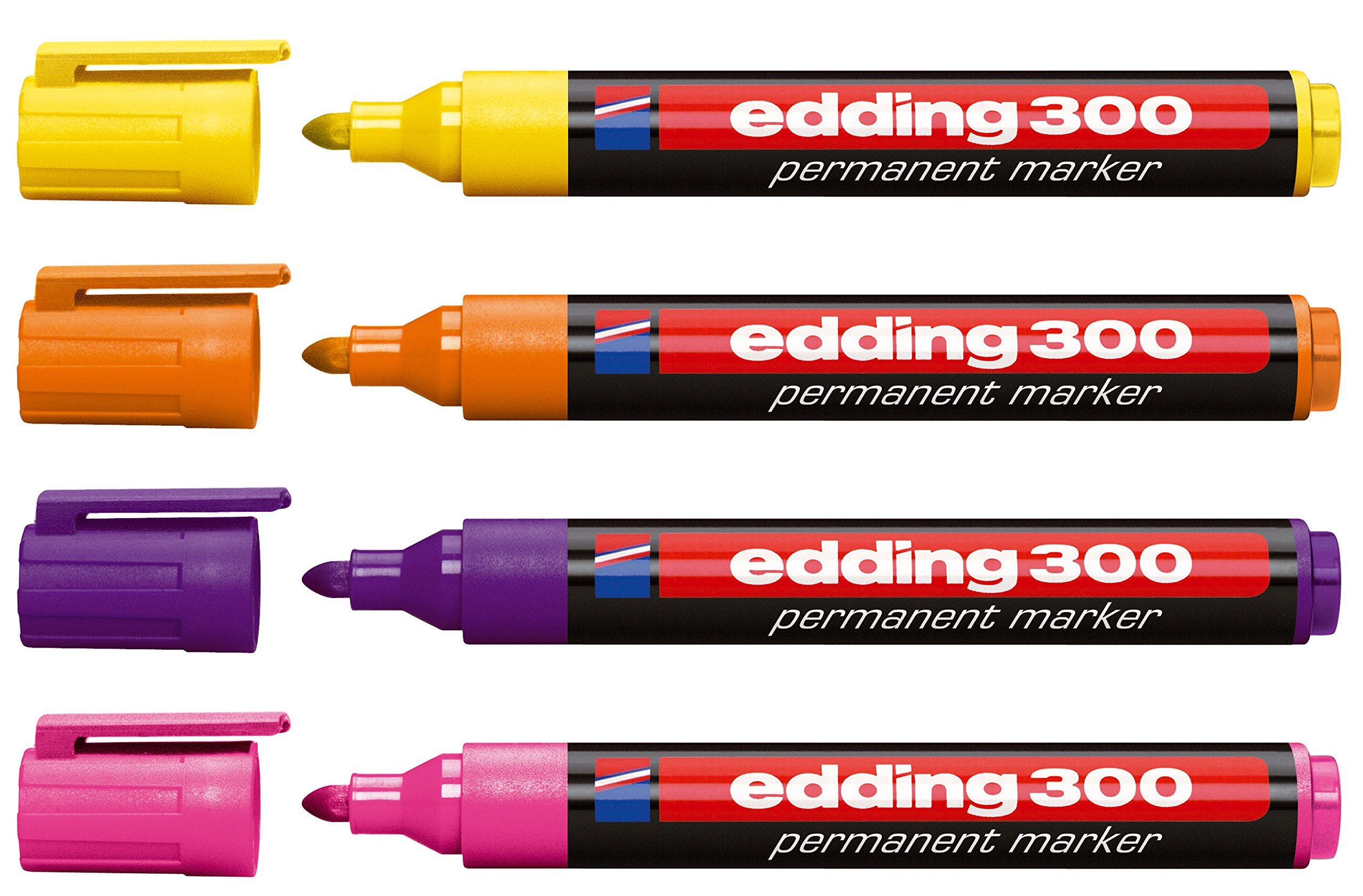 edding Set of 4 Permanent Markers 300, Refillable, 1.5-3 mm [Additional Colours I] Yellow, Orange, Purple and Pink