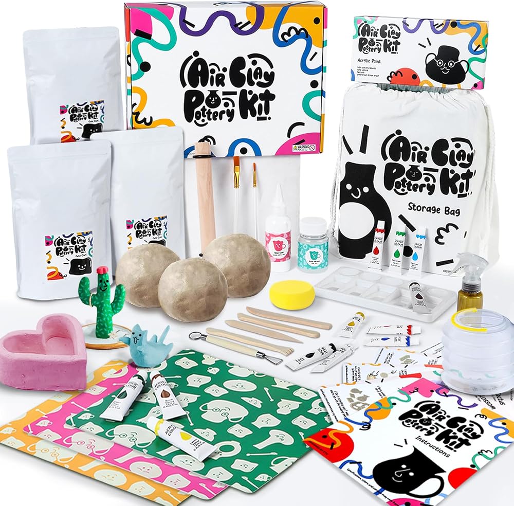 FosterToys Air Dry DIY Clay Pottery Kit for Beginners Tools 12 Paints