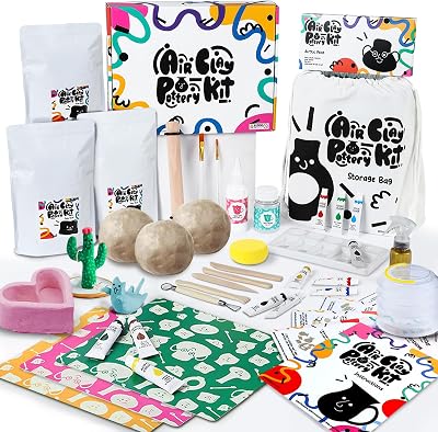 FosterToys Air Dry DIY Clay Pottery Kit for Beginners Tools 12 Paints
