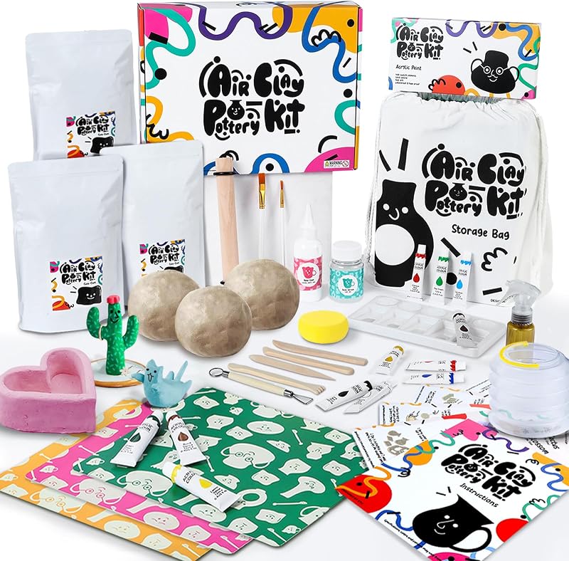 FosterToys Air Dry DIY Clay Pottery Kit for Beginners Tools 12 Paints