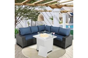 BPTD Outdoor Patio Furniture Set Balcony Furniture PE Rattan Wicker Outdoor Sectional with Washable Cushion for Garden, Poolside, Balcony, Backyard (Expresso-Navy Blue)