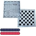 3-in-1 Vintage Giant Checkers and Tic Tac Toe Game with Reversible Mat, 24 Chips, Family Board Game & Yard Game, Lawn Game, BBQ Party Favor, Indoor and Outdoor Activity for Family