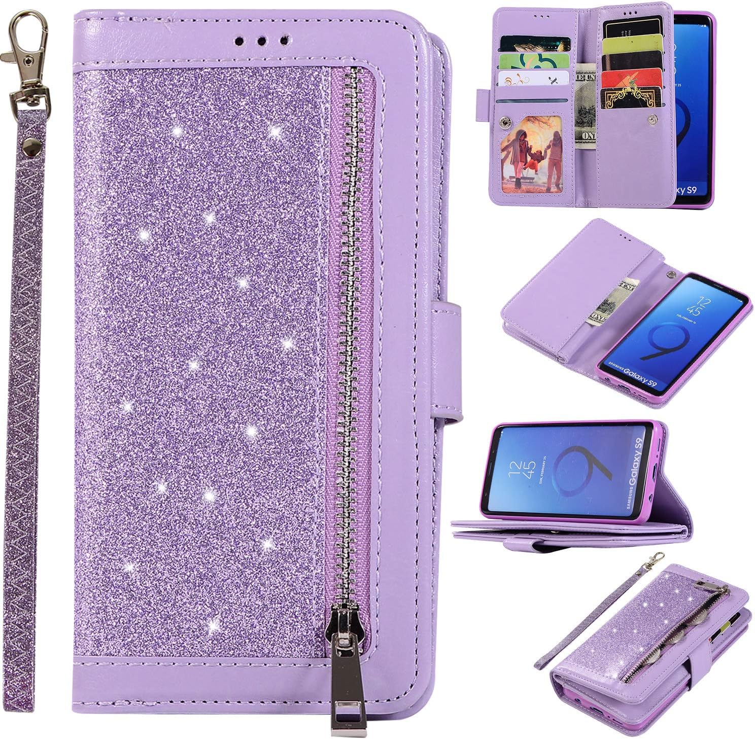 EYZUTAK Wallets Case for Samsung Galaxy S10 Plus, PU Leather TPU Flip Cover Zipper Wallet with 9 Card Slots Stand Function - Purple