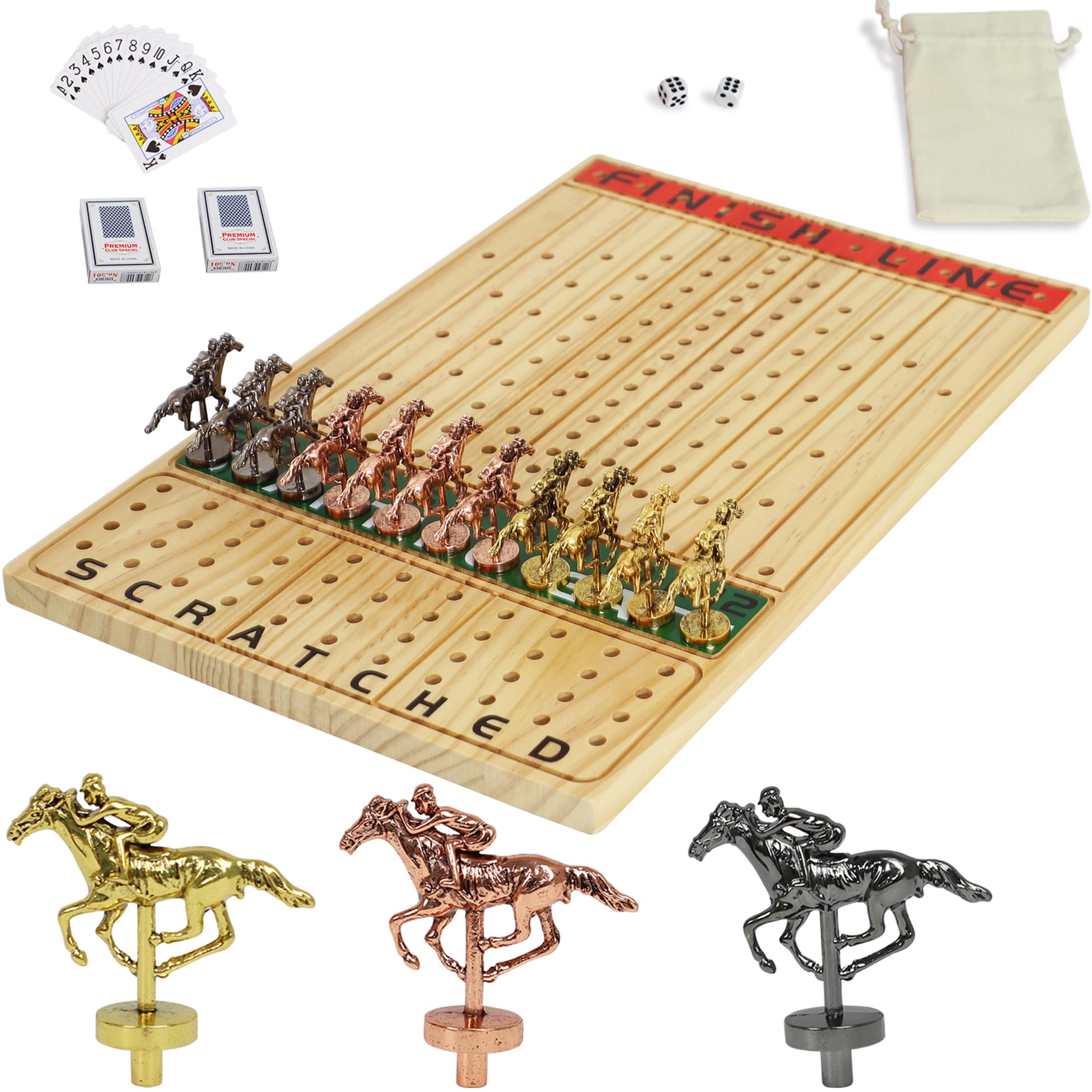 Dreamplay Gifts Horse Racing Game，Luxury Horse Racing Board Game，with 11 Luxury Metal Horses, 2 Dice and 2 Playing Cards (40 cm Small, Wood color)
