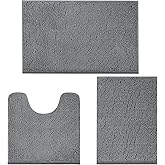 LINLA 3 Pieces Bathroom Rug Set, Absorbent Non Slip Chenille Bath mat, Thick Plush Chenille Carpet Mats Set,Washable Dry Quickly with U-Shaped Toilet Mat for Tub, Shower（Grey）