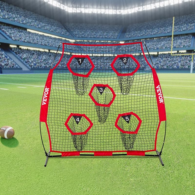 Fußballtrainer Wurfnetz Übungsnetz (208 x 91 x 189 cm) mit 5 Zieltaschen & tragbarer Aufbewahrungstasche & Gurten & knotenlosem Netz, Training für die Passgenauigkeit des Quarterbacks, rot