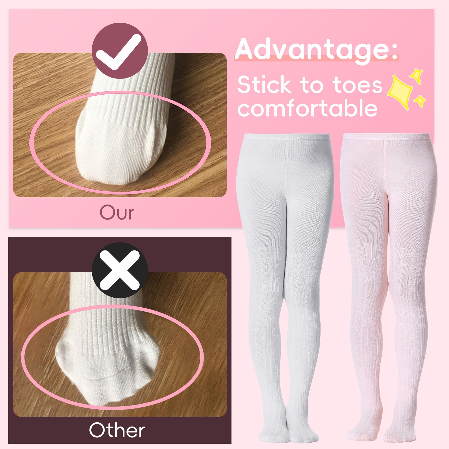 Zando 3Pack Girls Tights Kids Cable Knit Cotton Footed Seamless Tights Winter Warm Leggings Stockings for School Daily 4-12T